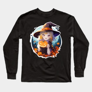 Halloween Enchantment: Young Witch with a Magical Pumpkin Long Sleeve T-Shirt